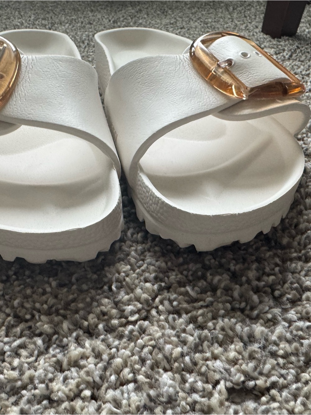 Birkenstock White Slide Sandals with Gold-Tone Buckles - Picture 3 of 4